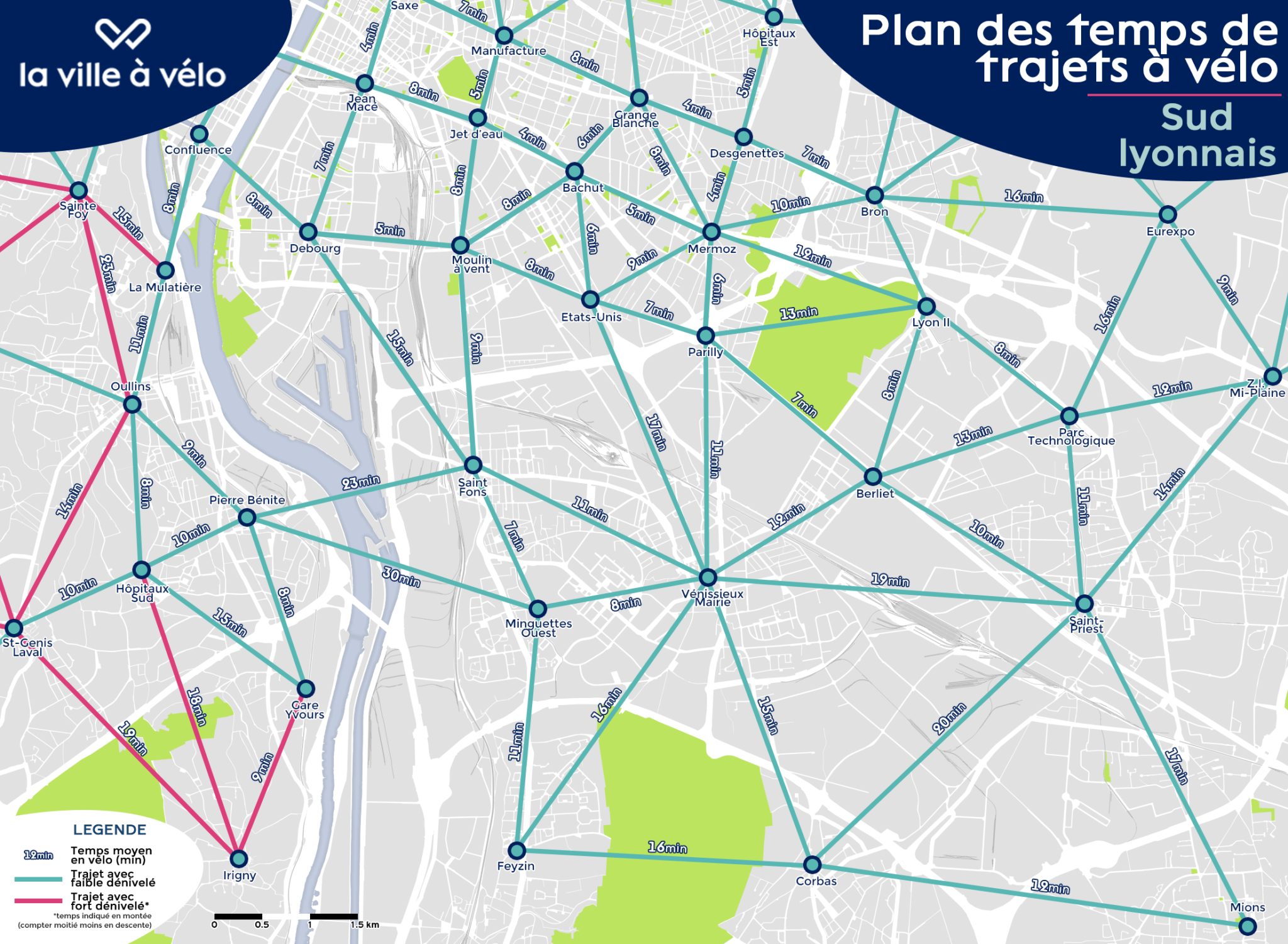 Carte des temps de trajet le vélo est le mode le plus rapide pour circuler au sein de la