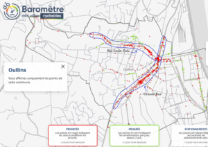 Points rouges et verts du Baromètre des Villes Cyclables 2021 à Oullins