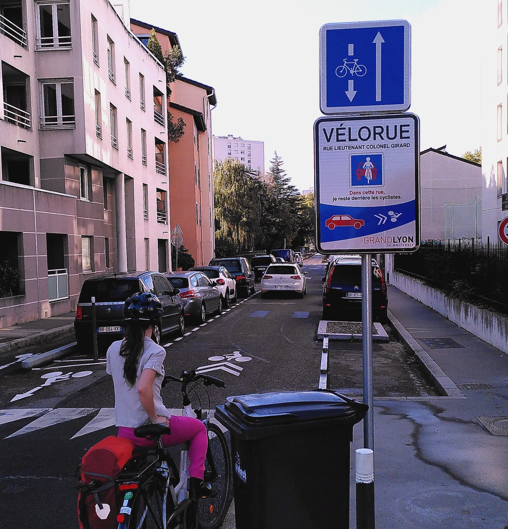 Vélorue : rue du Lieutenant Colonel Girard. 2 bandes de stationnement, une voie mixte vélo/voiture, une voie vélo à contresens