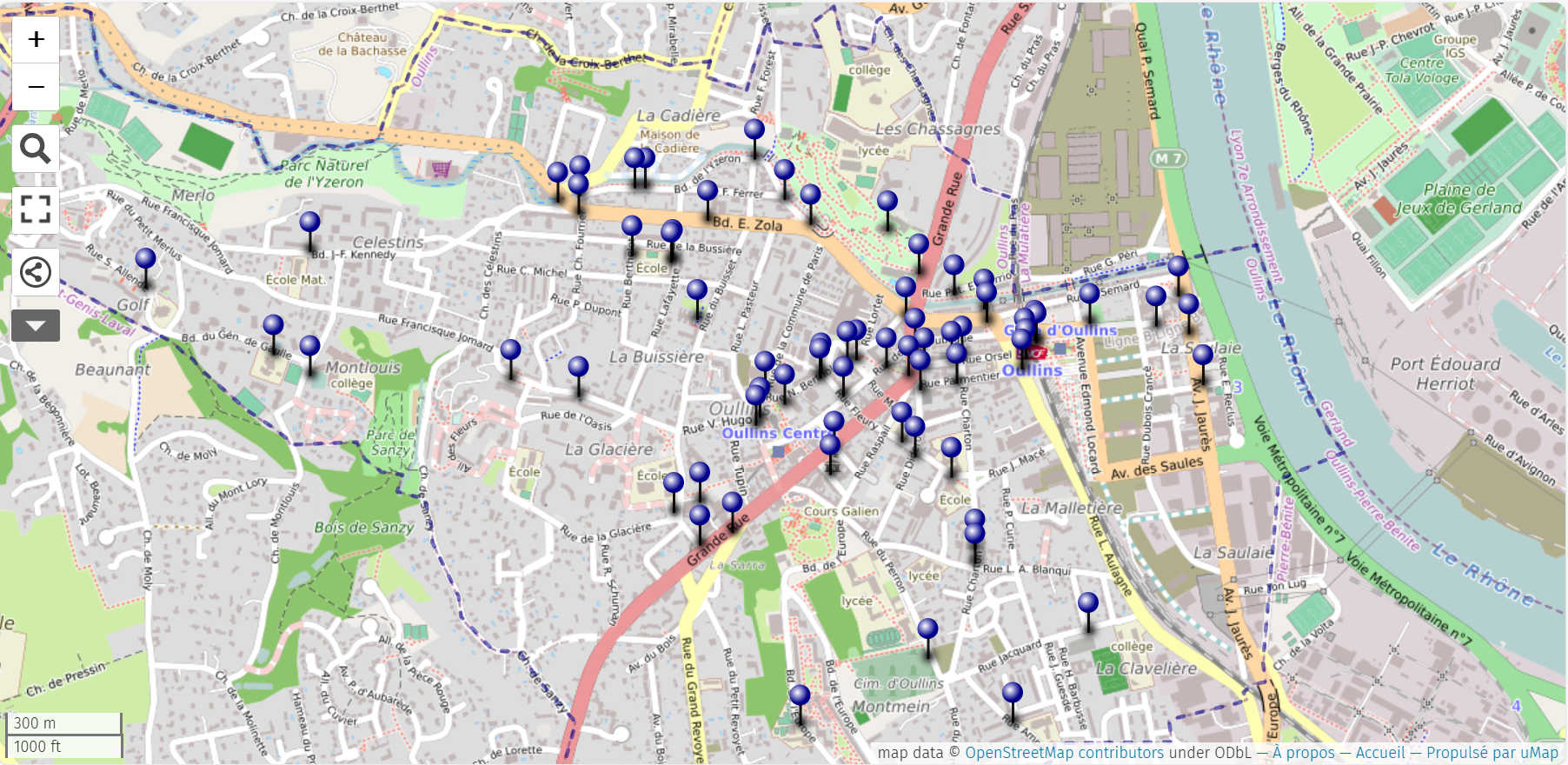 Plan des arceaux à vélo listés dans l'arrêté municipal d'Oullins