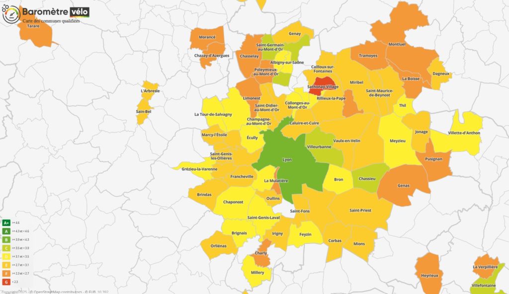 Carte des résultats du Baromètre Vélo 2025 pour la métropole de Lyon. Source : https://www.barometre-velo.fr/2025/palmares/